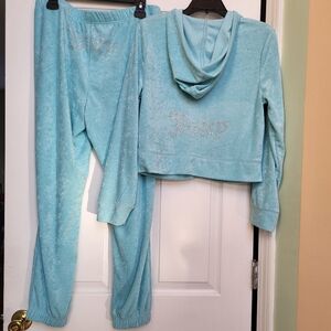 Juicy Couture Crystal Blue Terry Tracksuit 2 pieces Jacket and Joggers size L